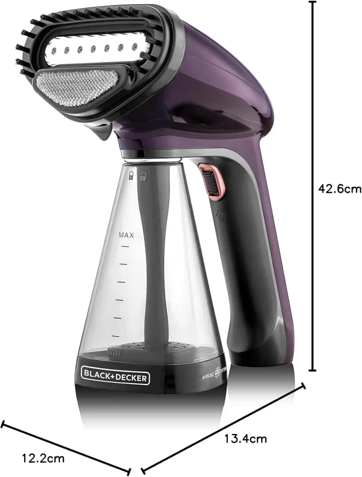 Handheld steamer with Black+Decker branding and dimensions displayed.