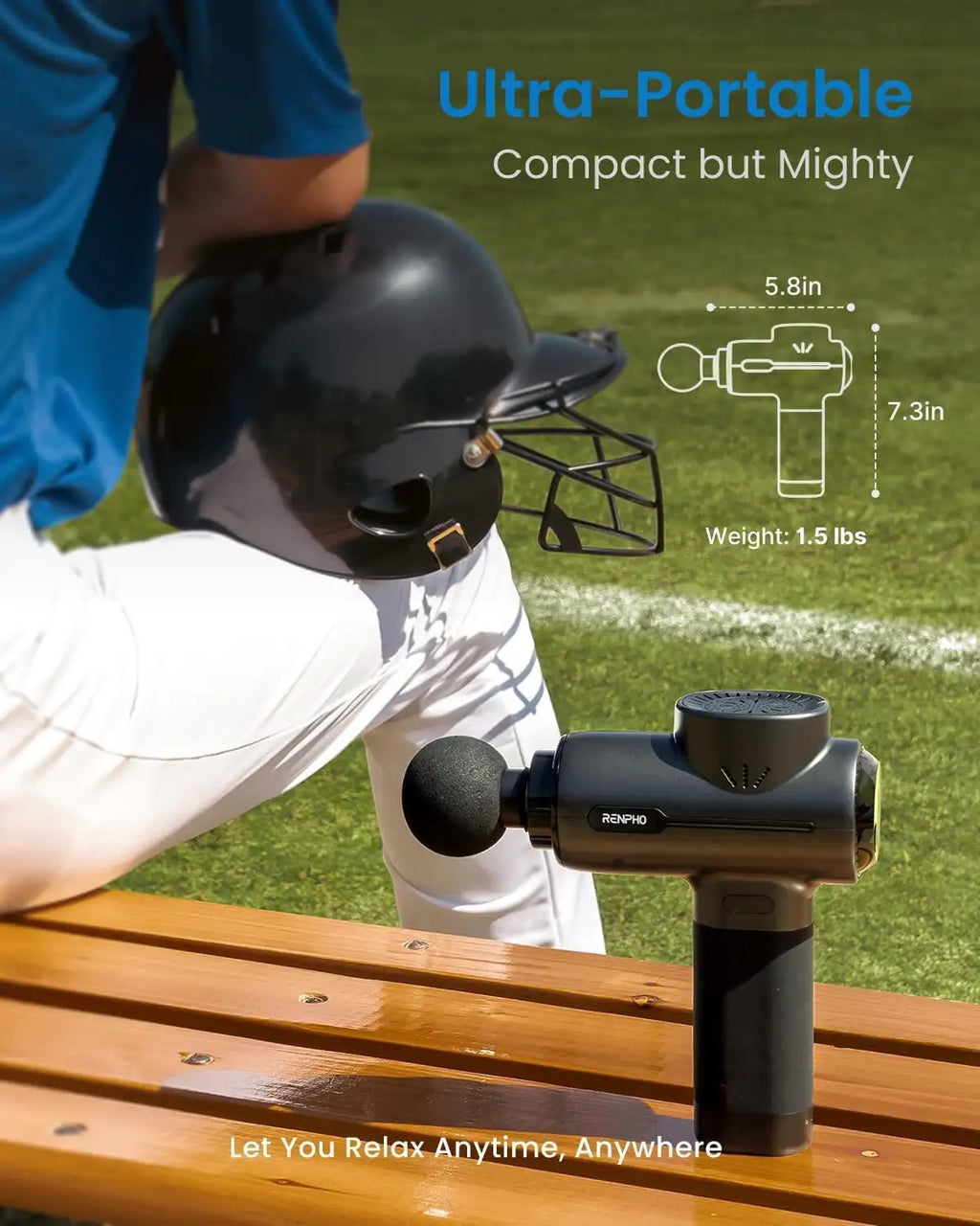 Handheld massage device on a bench with a baseball helmet and player in the background, emphasizing portability and compact design.