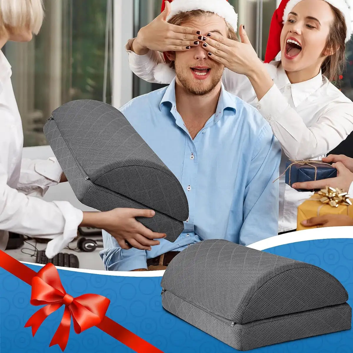 Person receiving a gray car seat cover as a gift with festive decorations and people in the background.