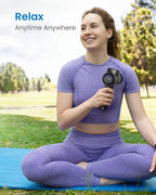 Woman in purple workout gear holding a massage gun with 'Relax Anytime Anywhere' text in a park setting.