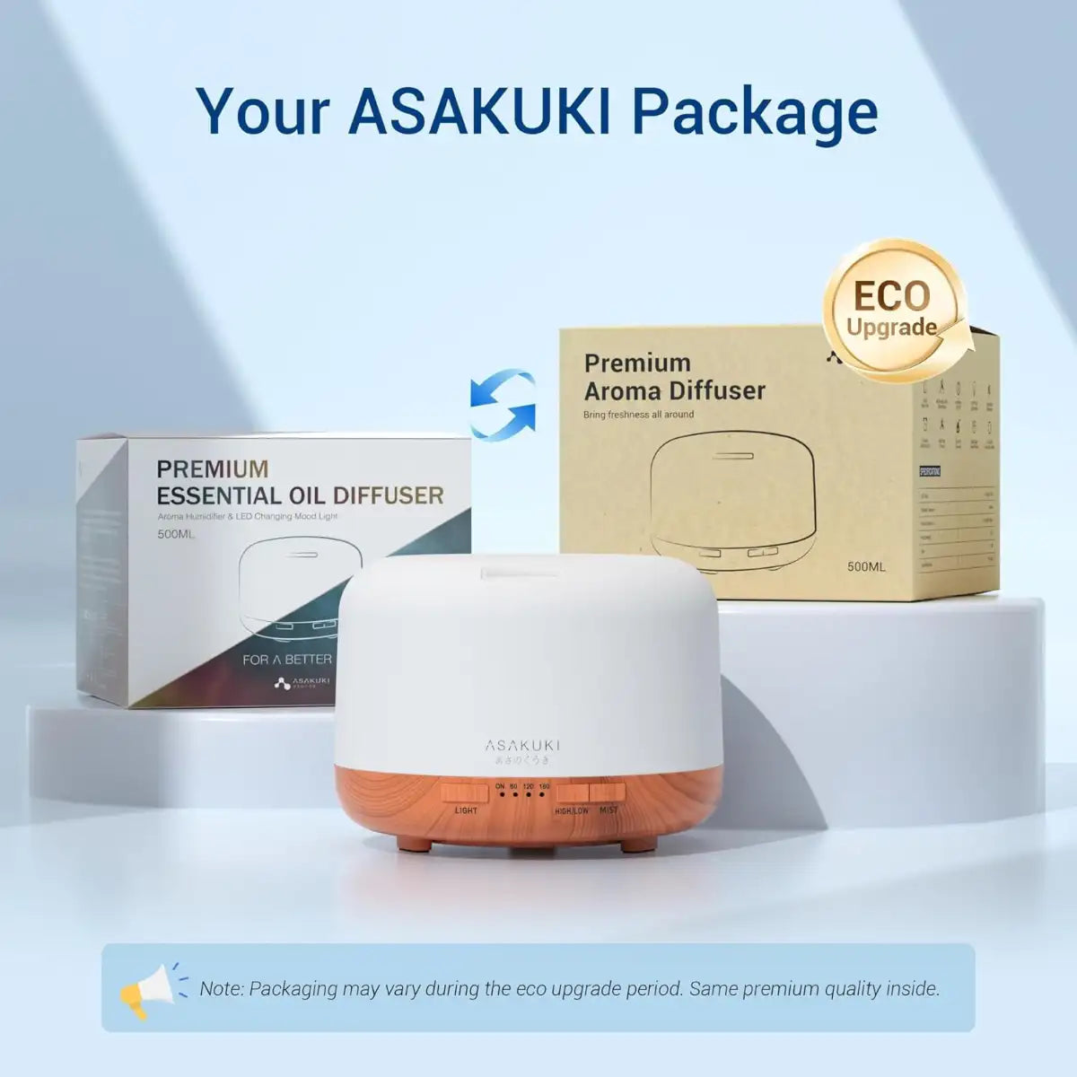 ASAKUKI premium aroma diffuser with packaging on a light blue background