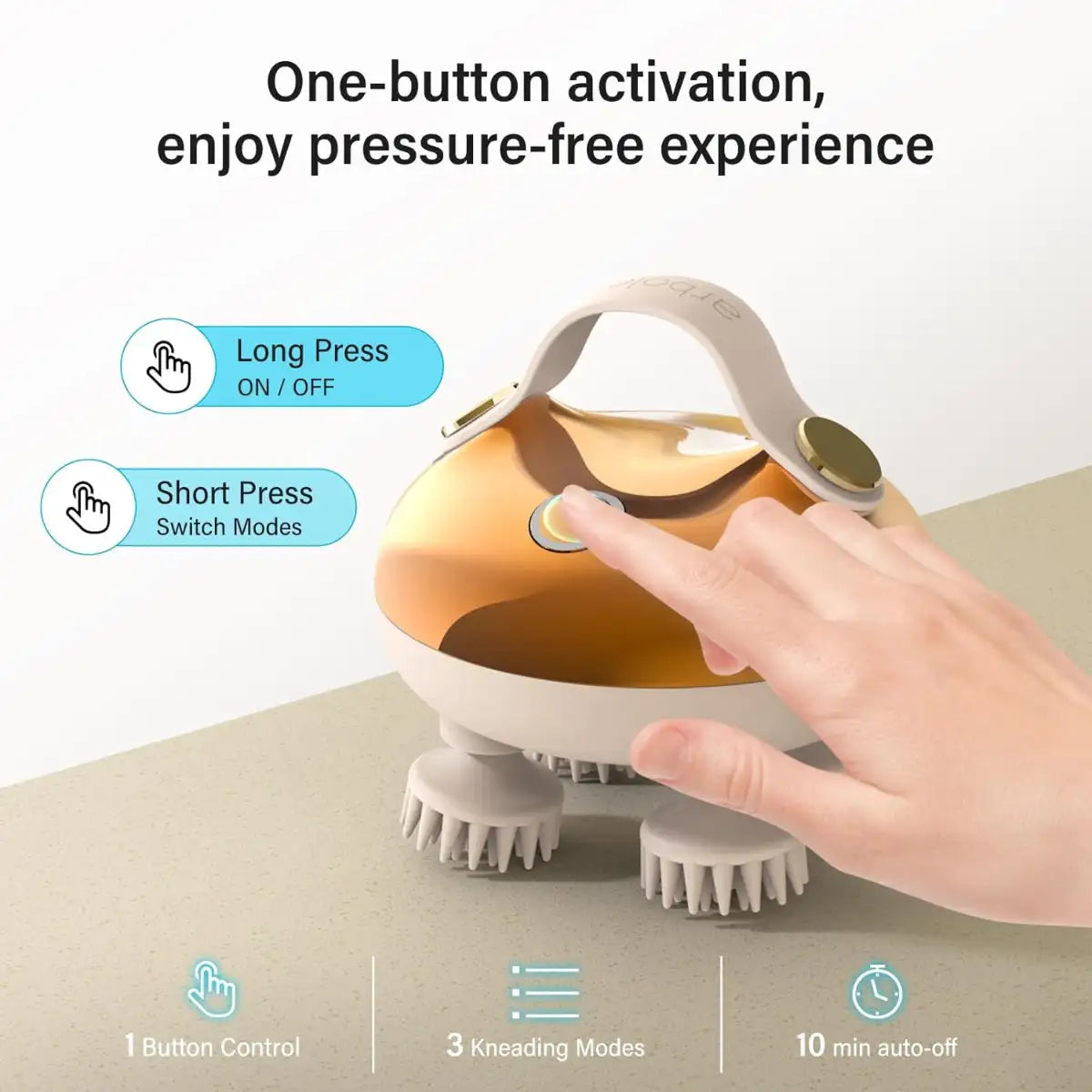 Hand using a handheld massager with text on one-button activation and features.