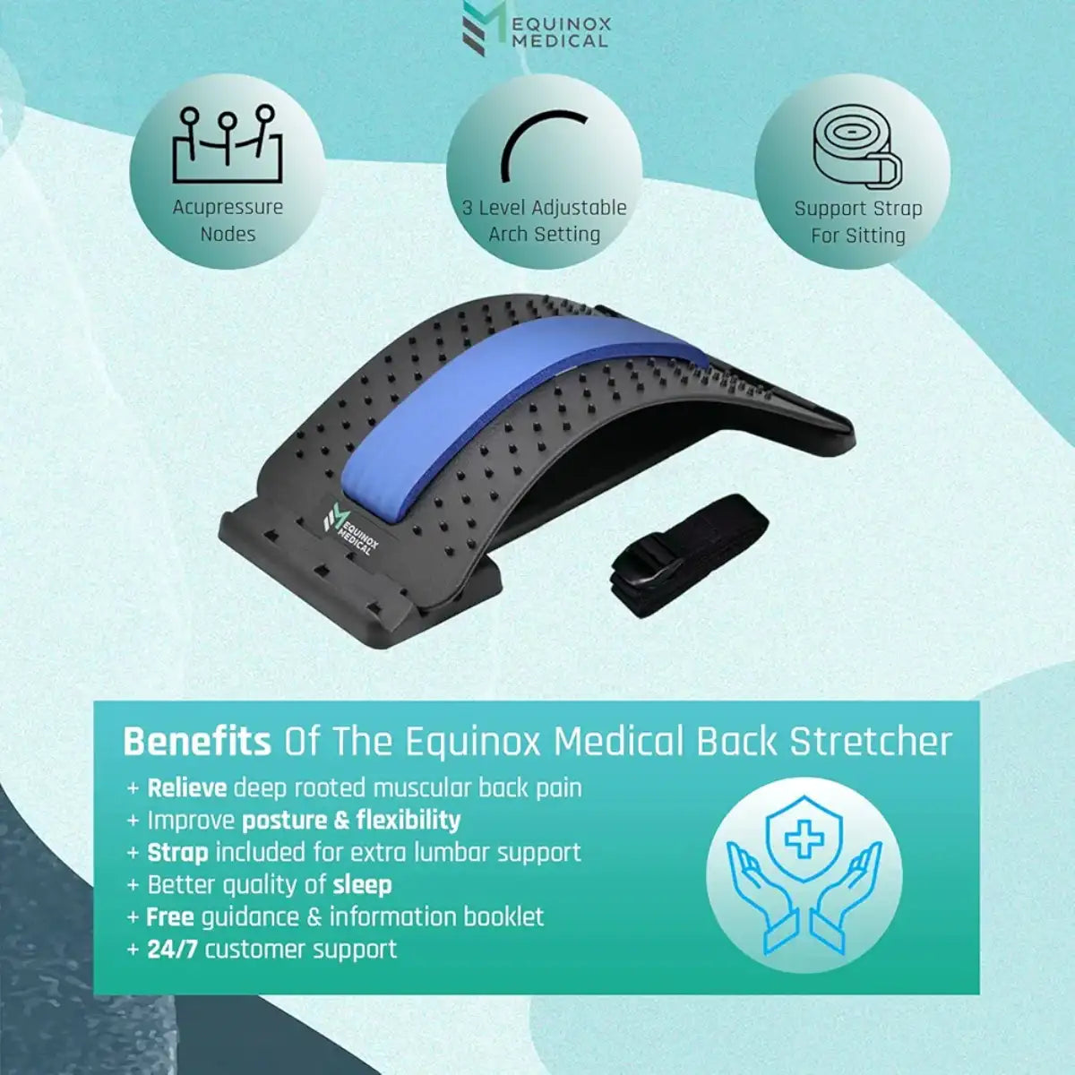 Equinox Medical back stretcher with features and benefits on a light blue background