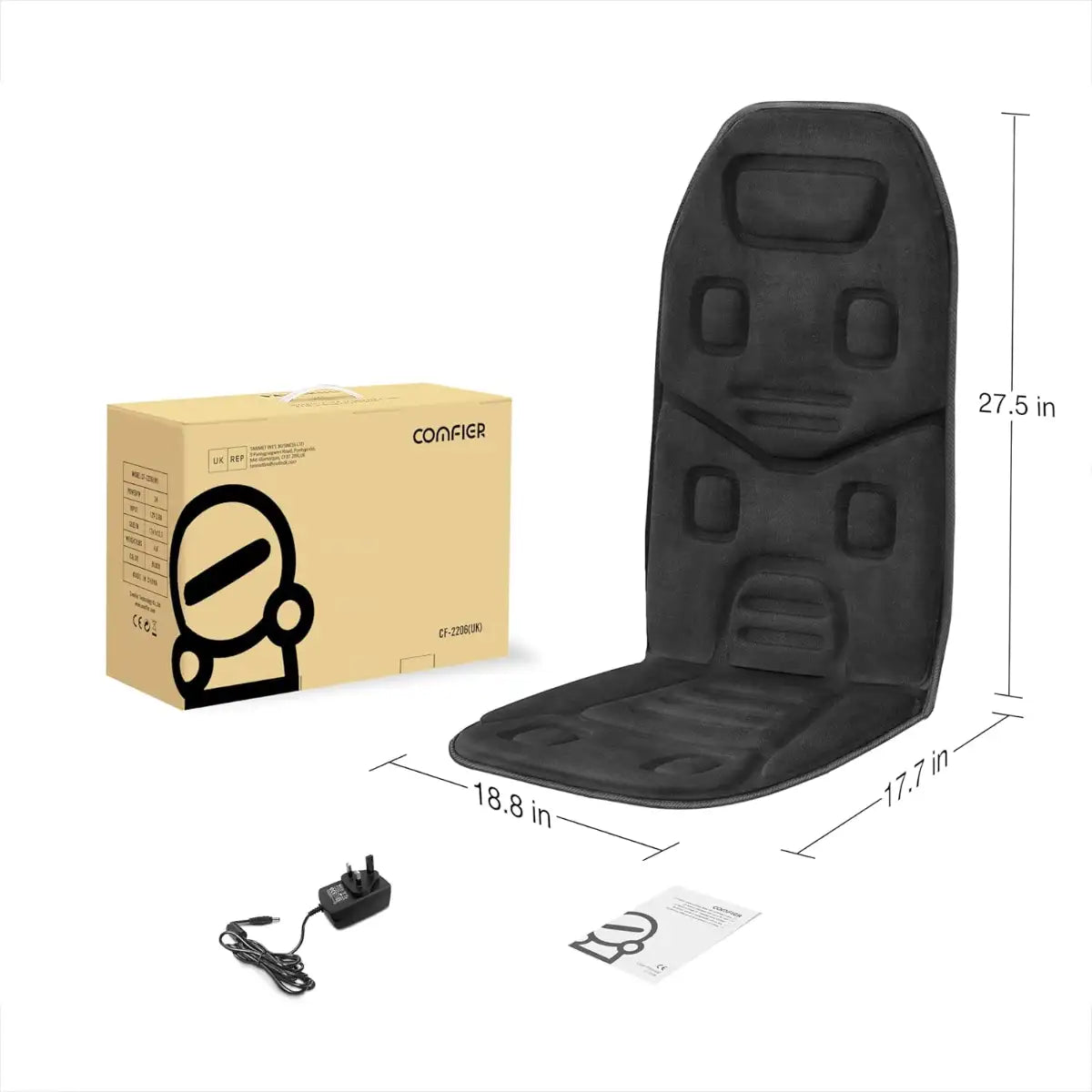 Black massage chair pad with packaging, power adapter, and user manual on a white background