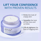 Cosmetic jar of neck cream with text highlighting its benefits on a light blue background