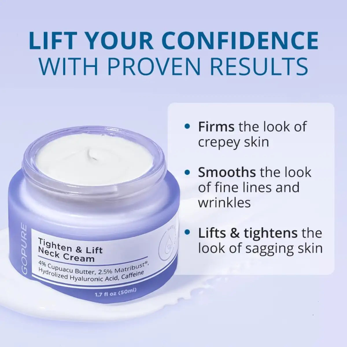 Cosmetic jar of neck cream with text highlighting its benefits on a light blue background