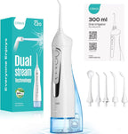 Coslus dental water flosser with packaging and nozzles on a white background