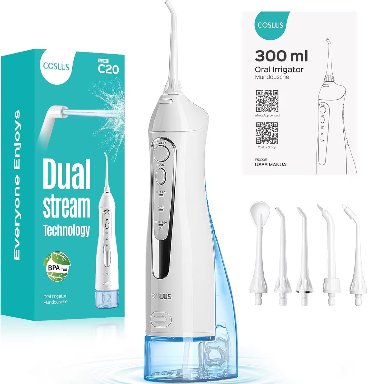 Coslus dental water flosser with packaging and nozzles on a white background