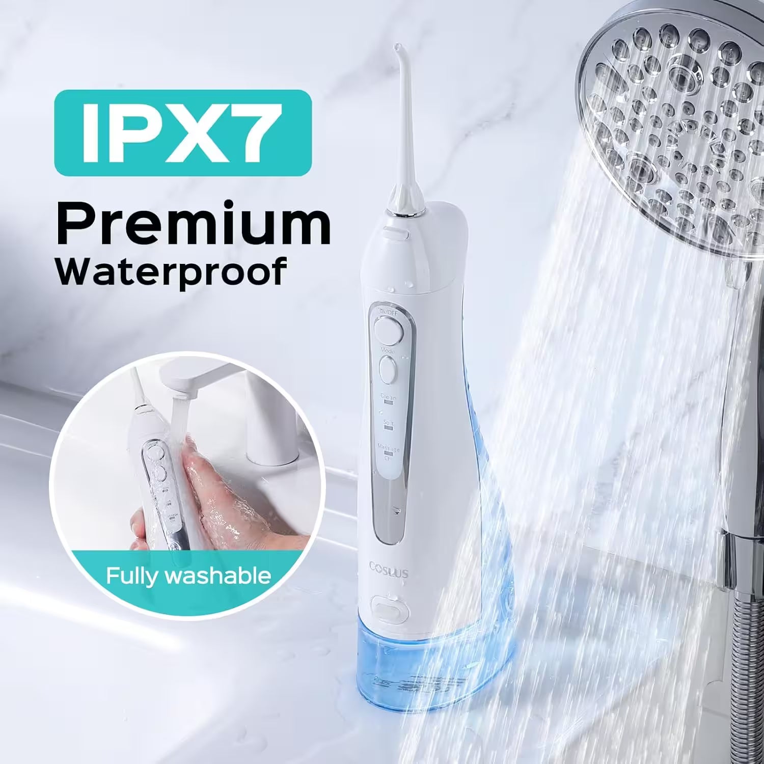 White dental water flosser with shower head and IPX7 waterproof label on a light gray background