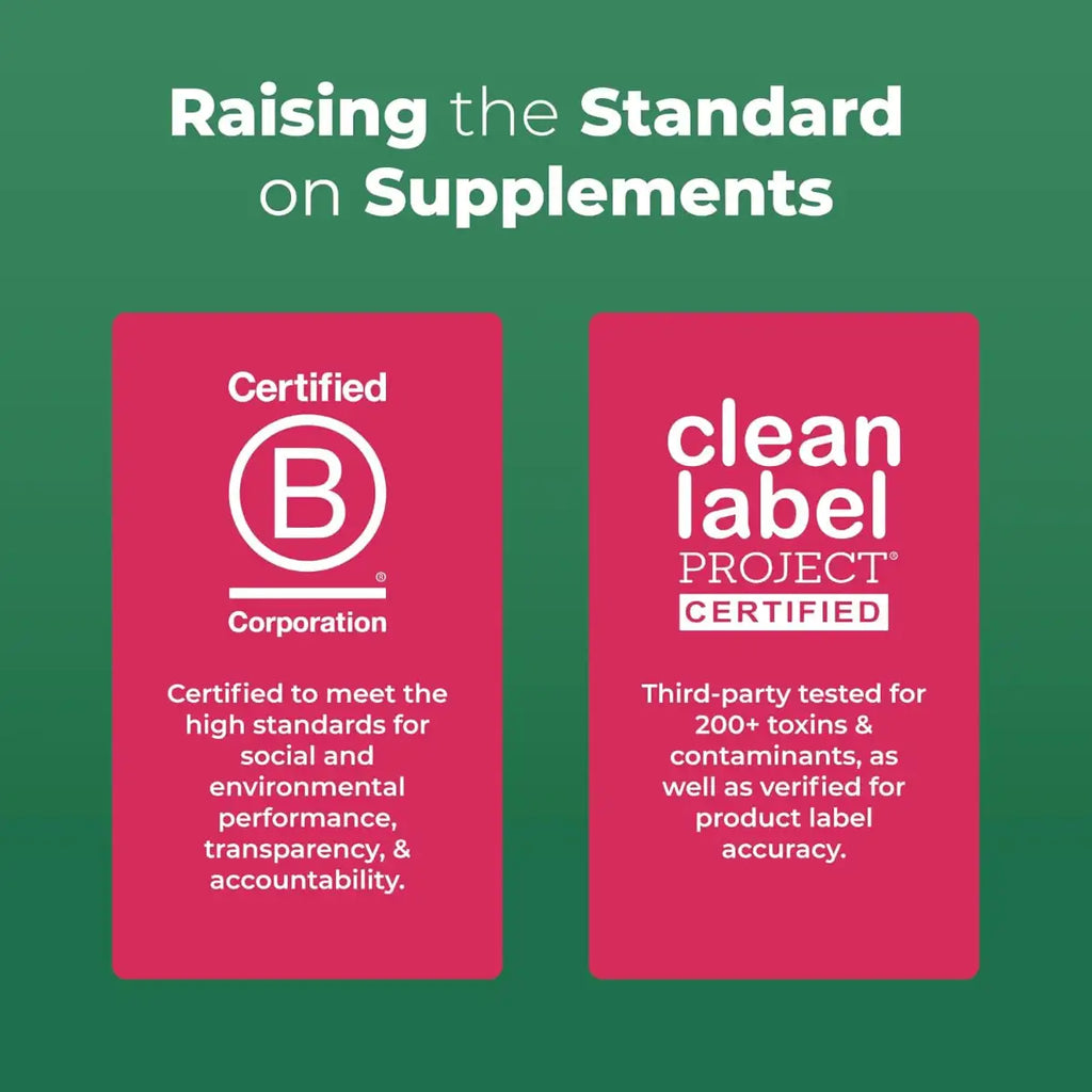 Two pink labels on a green background, one for Certified B Corporation and the other for Clean Label Project certification.