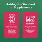 Two pink labels on a green background, one for Certified B Corporation and the other for Clean Label Project certification.