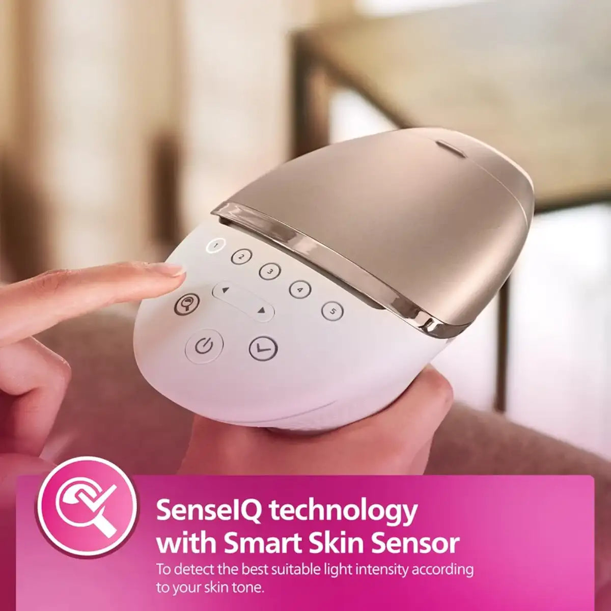 Hand holding a device with 'SenselQ technology' and 'Smart Skin Sensor' text.