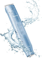 Blue hair trimmer with water splashes on a white background