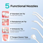 Five functional nozzles for dental cleaning with images and descriptions on a light blue background.