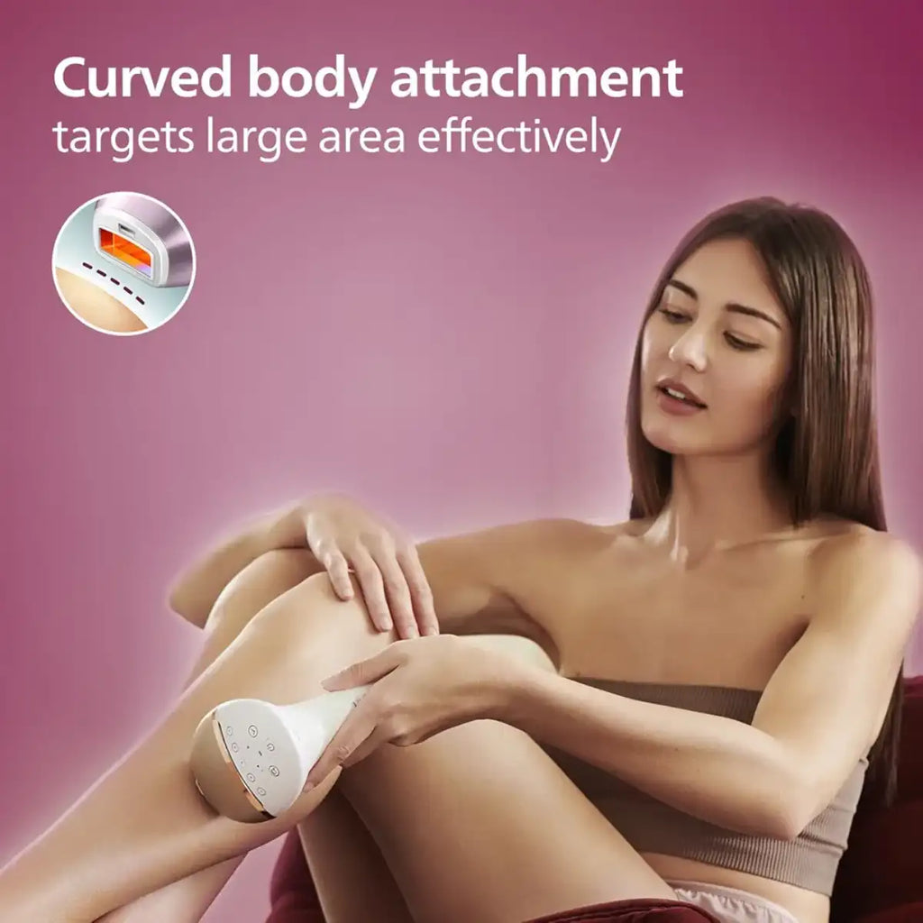 Woman using a curved body attachment on her leg with a pink background