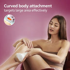Woman using a curved body attachment on her leg with a pink background