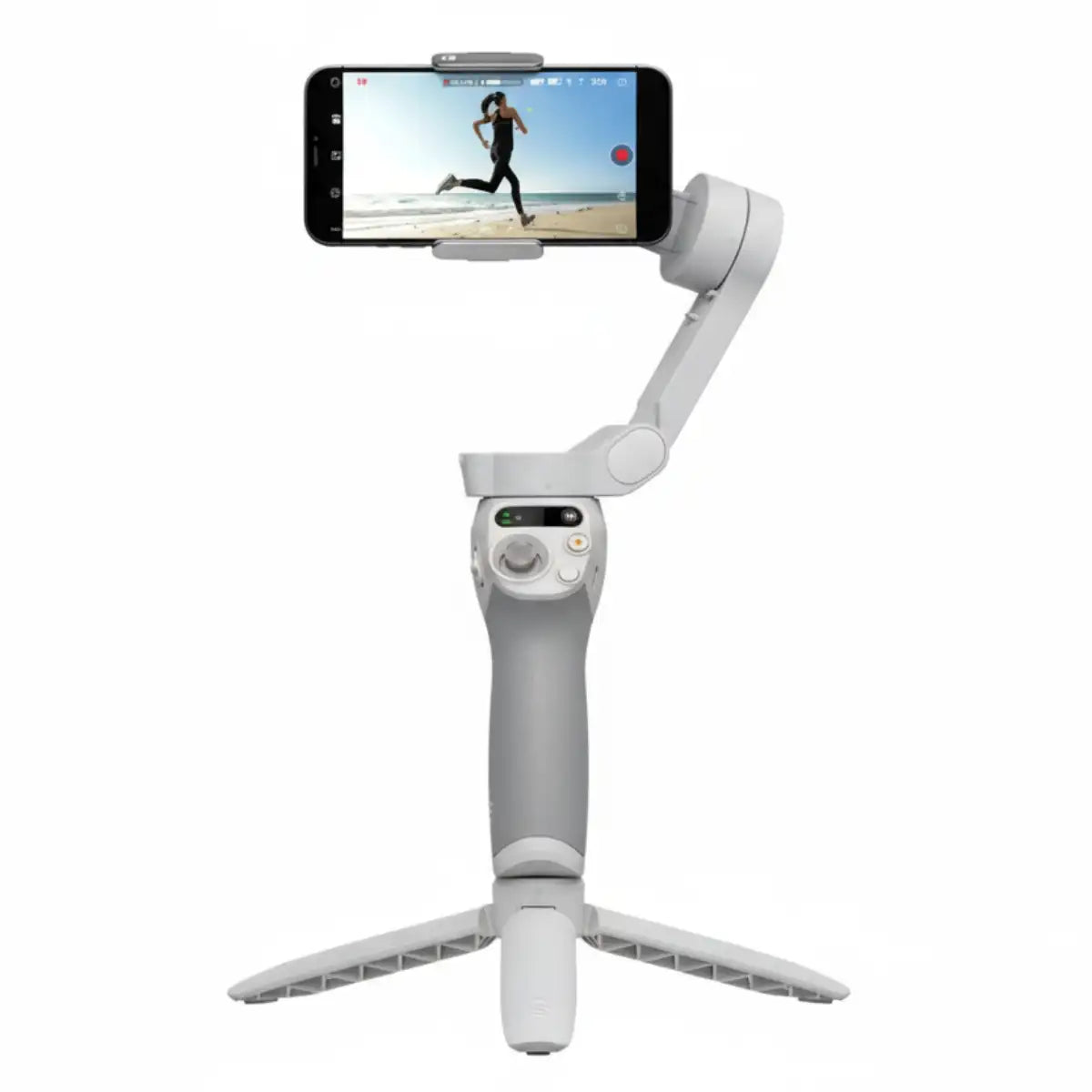 White smartphone gimbal with phone attached on a white background