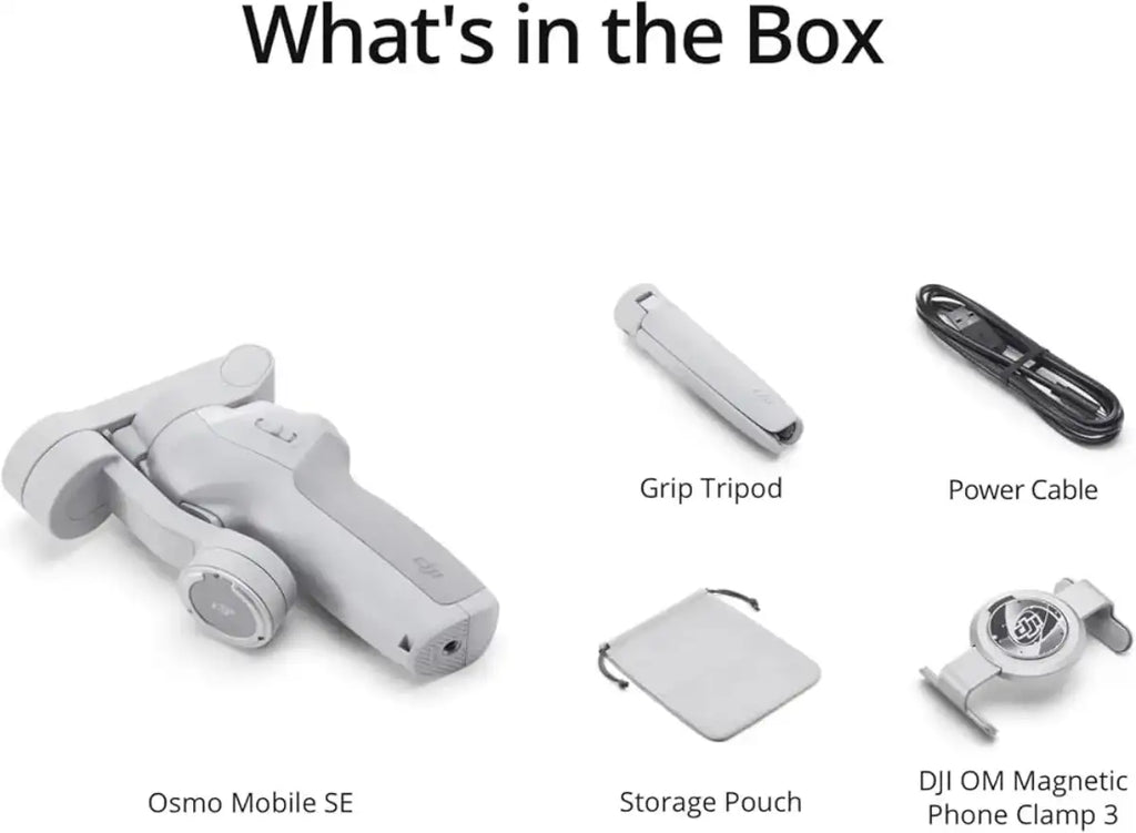 List of items included in a box with Osmo Mobile SE, Grip Tripod, Power Cable, Storage Pouch, and DJI OM Magnetic Phone Clamp 3.