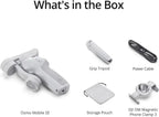 List of items included in a box with Osmo Mobile SE, Grip Tripod, Power Cable, Storage Pouch, and DJI OM Magnetic Phone Clamp 3.