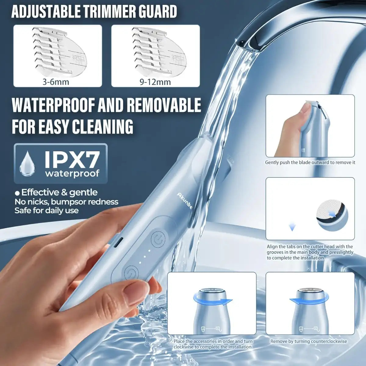 Handheld shower head with adjustable trimmer guard and waterproof features, shown with water flowing.