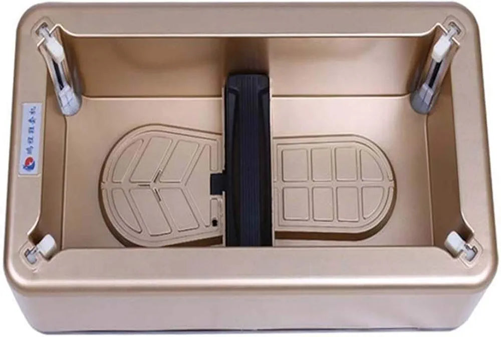 Beige plastic box with compartments and a handle on a white background