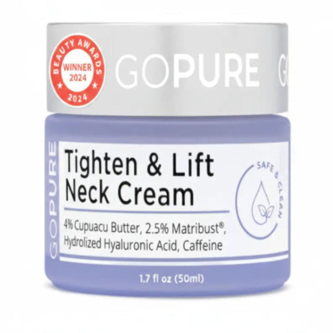 GO PURE Tighten & Lift Neck Cream jar with award badge on a white background