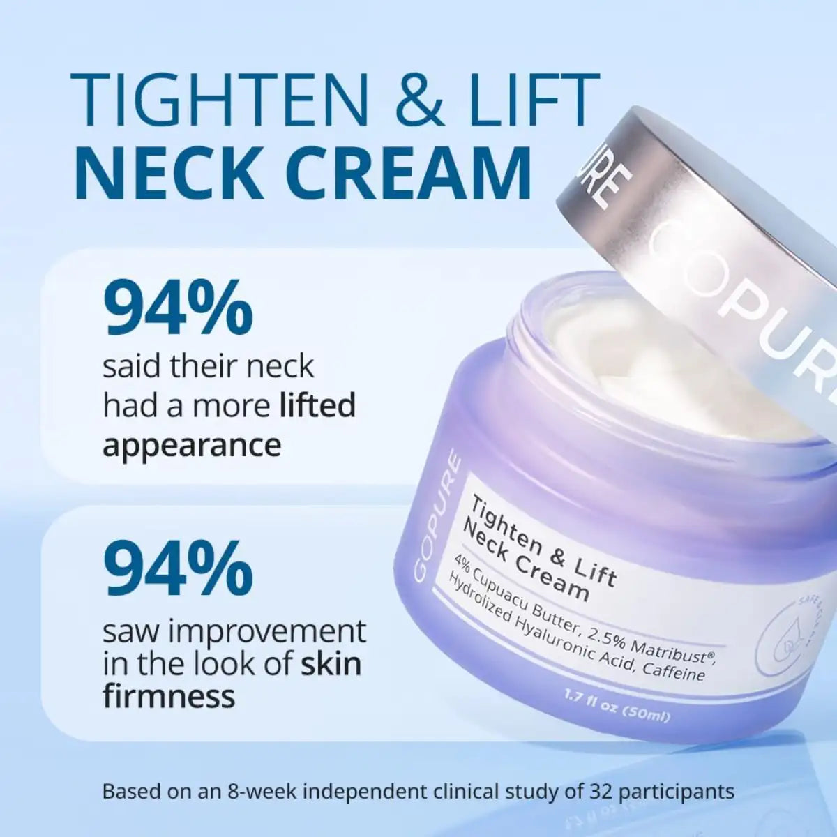 Cosmepea Tighten & Lift Neck Cream jar with text on a blue background