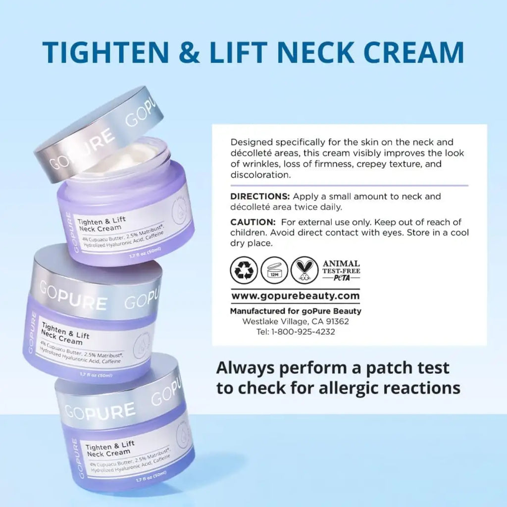 Gopure Tighten & Lift Neck Cream packaging with product details on a light blue background