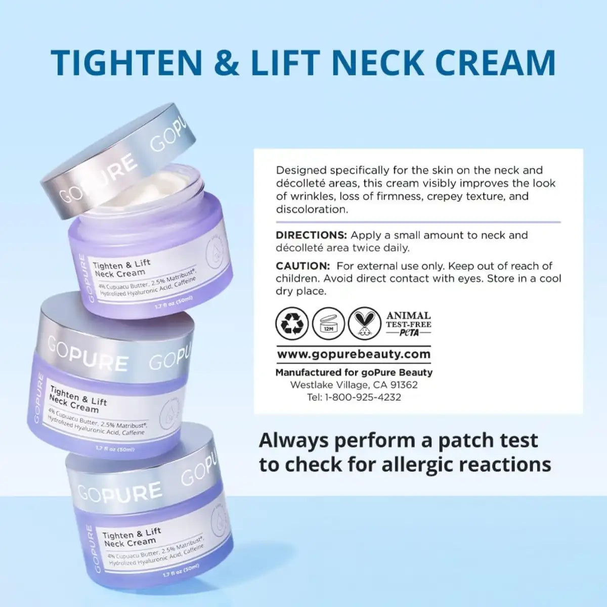 Gopure Tighten & Lift Neck Cream packaging with product details on a light blue background