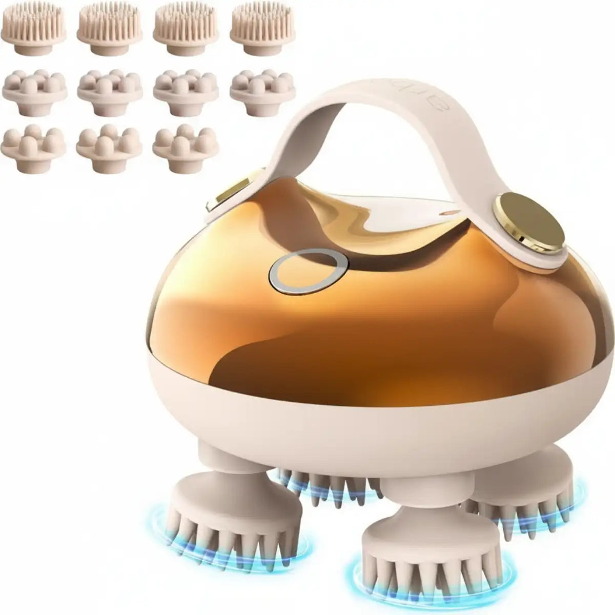 Gold and beige facial cleansing device with multiple brush heads on a white background