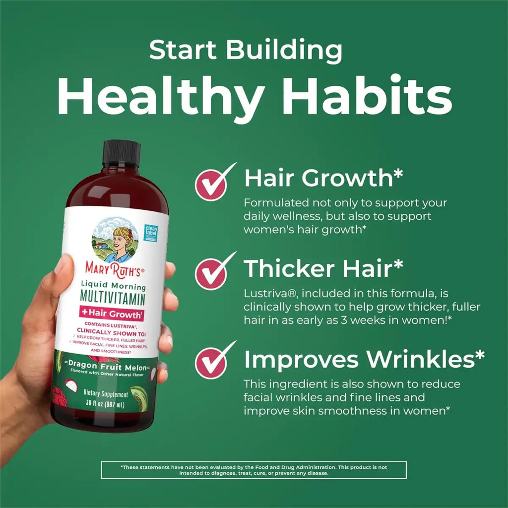 Hand holding a bottle of Mary Ruth's Liquid Morning Multivitamin with text about health benefits on a green background