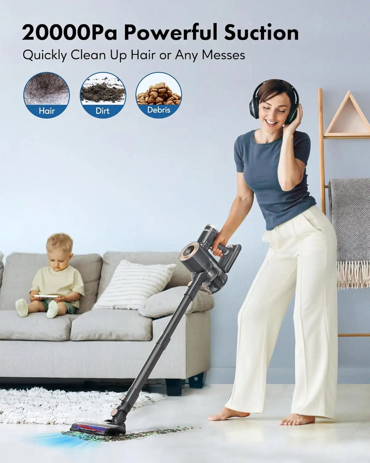 Woman using a vacuum cleaner in a living room with text about powerful suction.