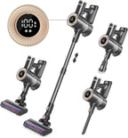 Multifunctional vacuum cleaner with attachments and digital display on a white background