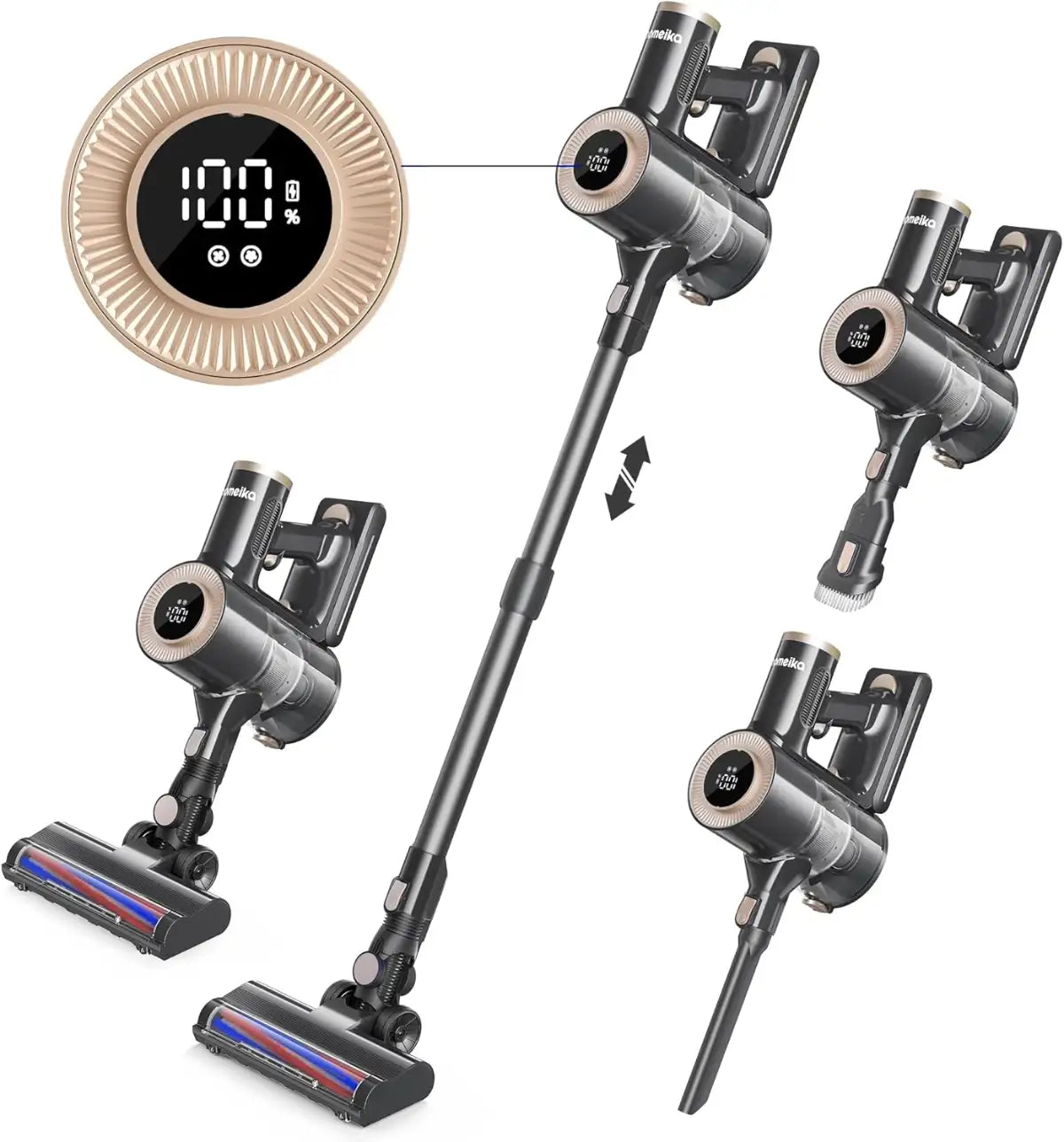 Multifunctional vacuum cleaner with attachments and digital display on a white background