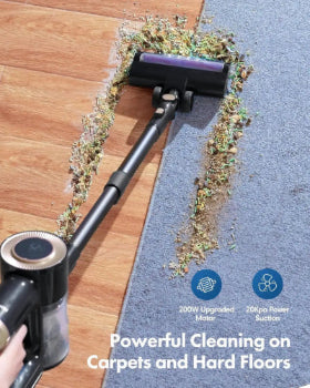 Vacuum cleaner cleaning a transition strip between a wooden floor and carpet with text highlighting cleaning power on carpets and hard floors.