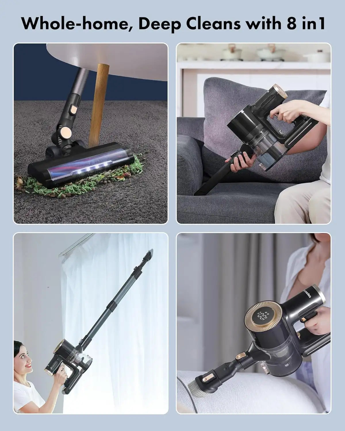 Collage of a vacuum cleaner being used on various surfaces including carpet, couch, window, and floor.