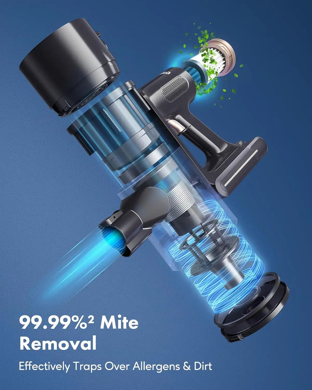 Duster with 99.99% mite removal feature on a blue background