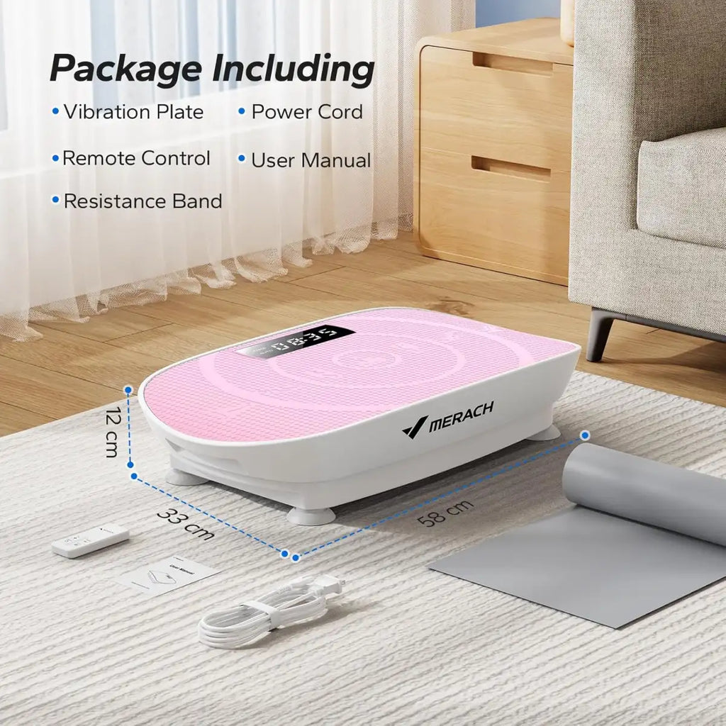 Pink vibration plate with remote control, power cord, and user manual on a living room floor.