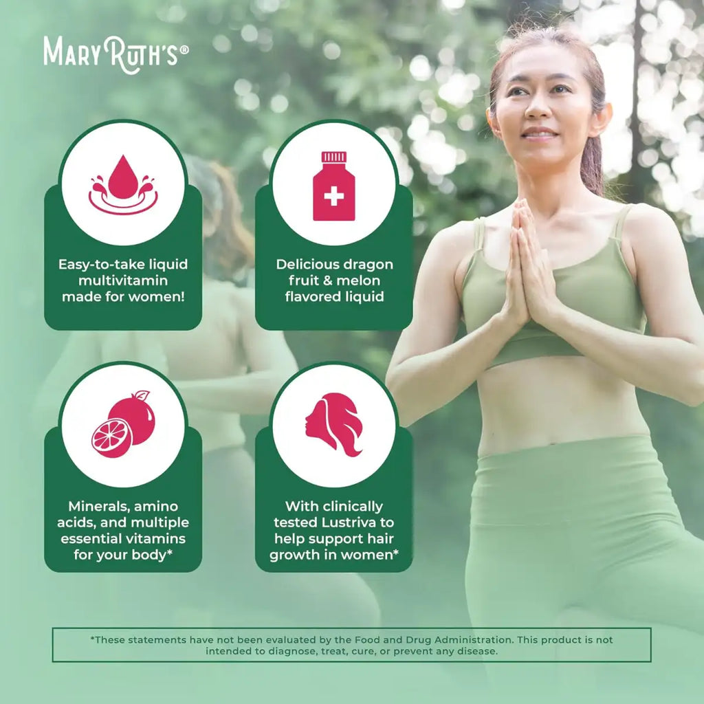 Woman in green athletic wear practicing yoga with MaryRuth's product information overlay.
