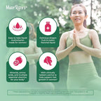 Woman in green athletic wear practicing yoga with MaryRuth's product information overlay.