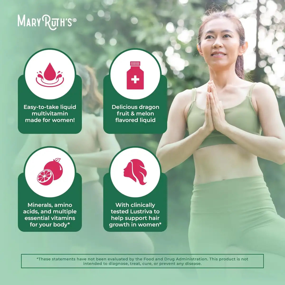 Woman in green athletic wear practicing yoga with MaryRuth's product information overlay.