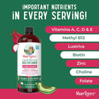 Mary Ruth's liquid multivitamin bottle with ingredients listed on a green and pink background