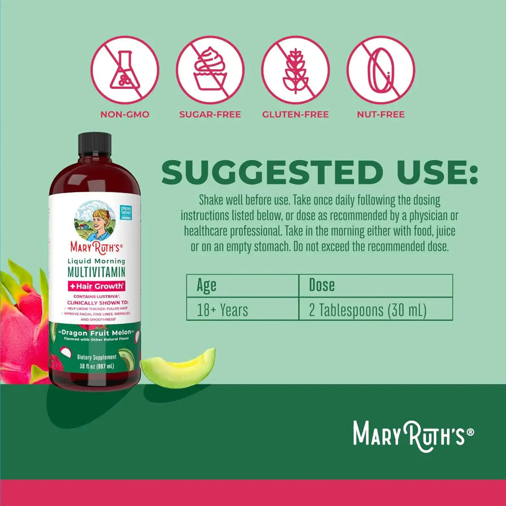 Mary Ruth's Liquid Multivitamin bottle with suggested use instructions on a green background