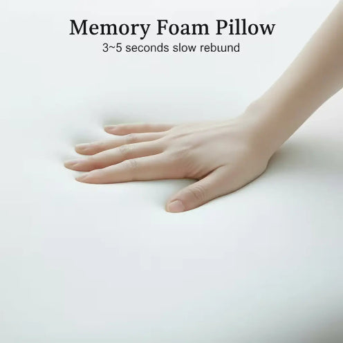 Hand pressing into a memory foam pillow with text indicating slow rebound time.