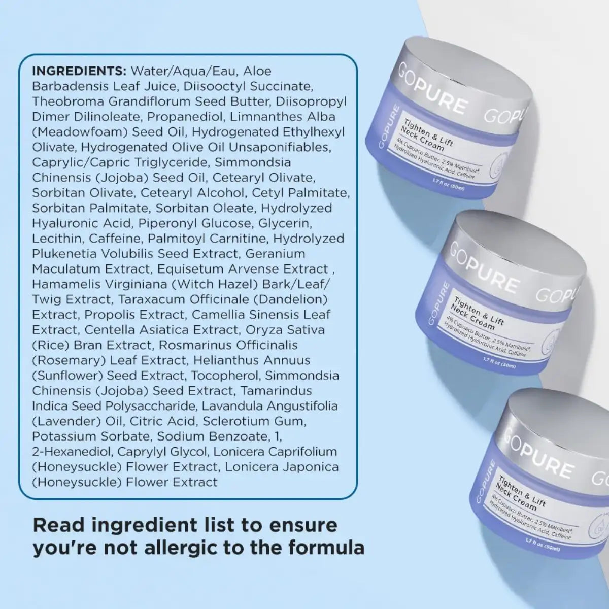 GO PURE skincare cream jars with an ingredient list on a light blue background