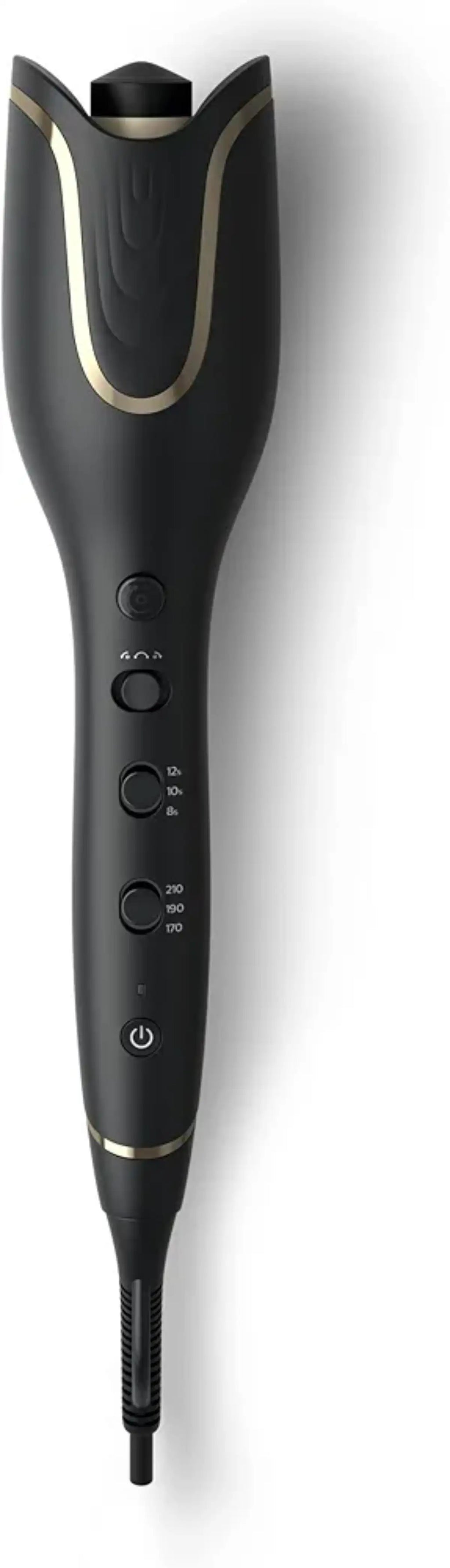 Black hair styling tool with gold accents on a white background