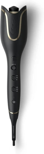 Black hair styling tool with gold accents on a white background