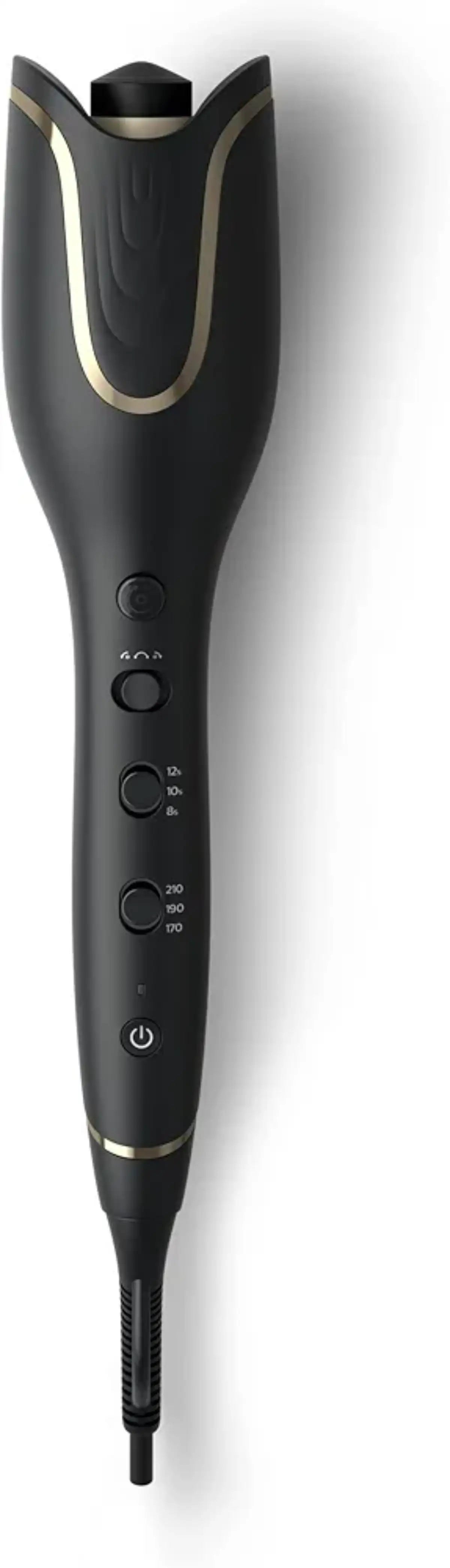 Black hair styling tool with gold accents on a white background