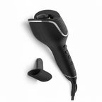 Black hair dryer with attachments on a white background