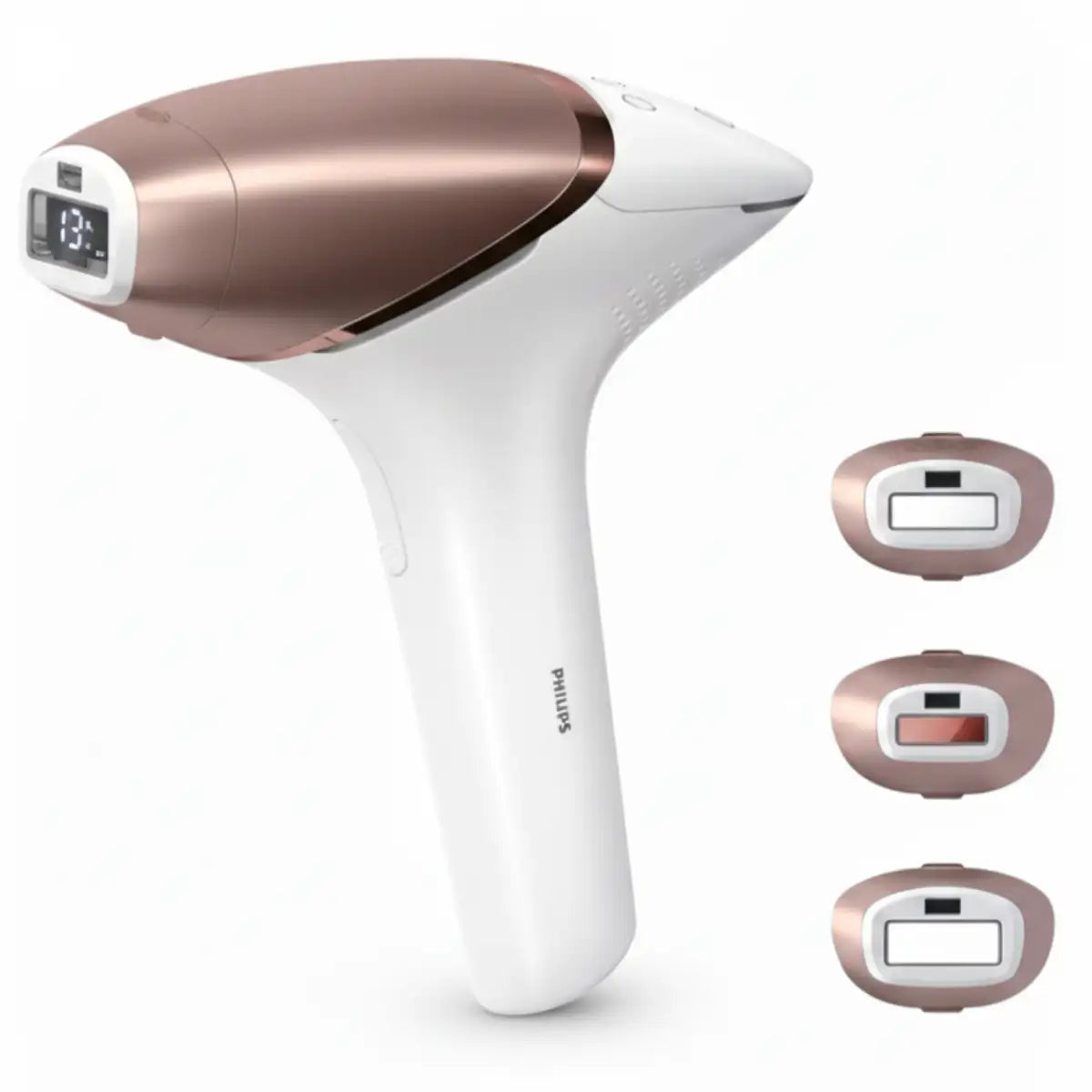 Philips laser hair removal device with rose gold and white design on a white background